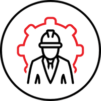 Architect wearing hard hat, surrounded by gears.